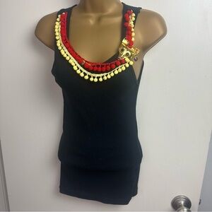 Voom ByJoy Han Black Vintage Inspired Retro Tank W/Pom Poms/Gold Metal Fox NWT L
